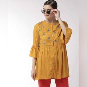 Sangria Indie Boho Kurta Embroidered Tunic Bell Sleeve Top Size Large